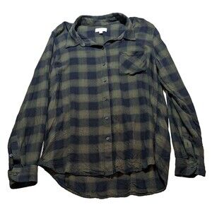 Lucky Brand Womens Blouse Sz M Black/Green Plaid Button-Up Long Sleeve Hi-Low